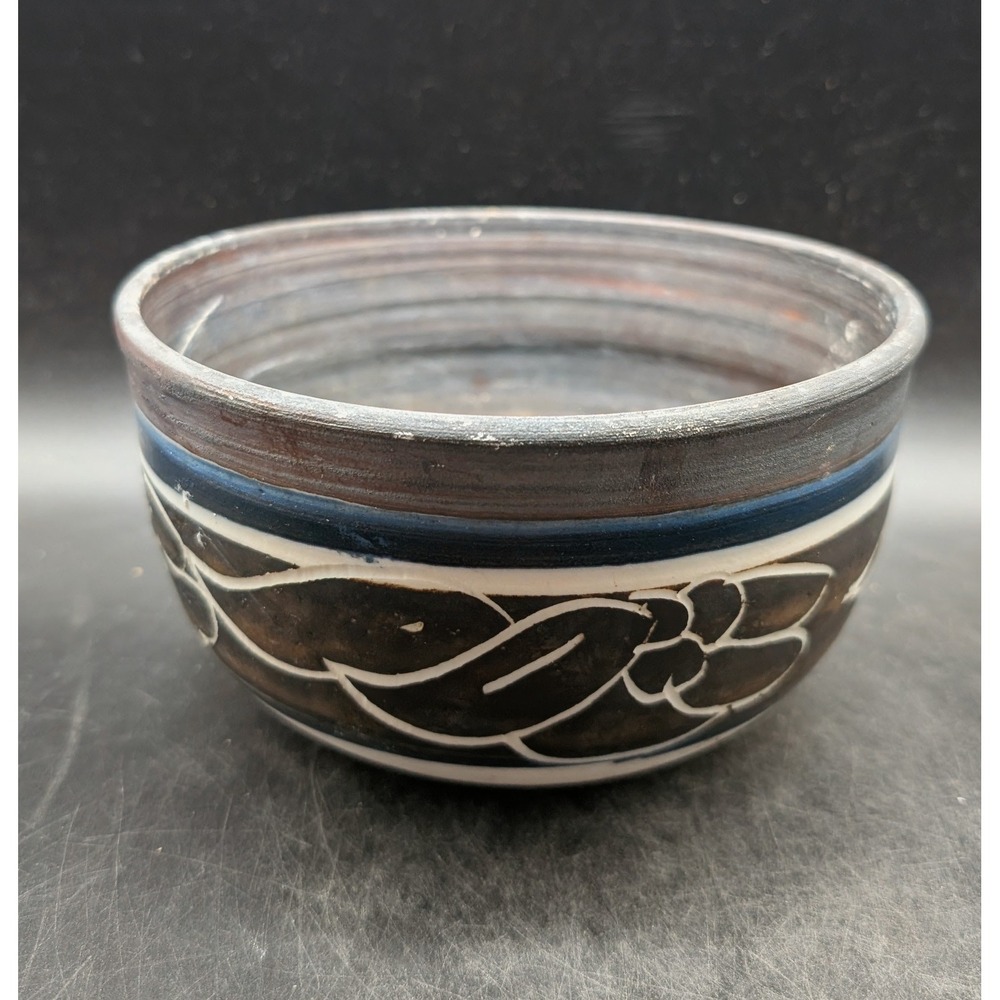 Handmade Sgraffito Studio Pottery Floral Planter Black Blue White Artisan 6"